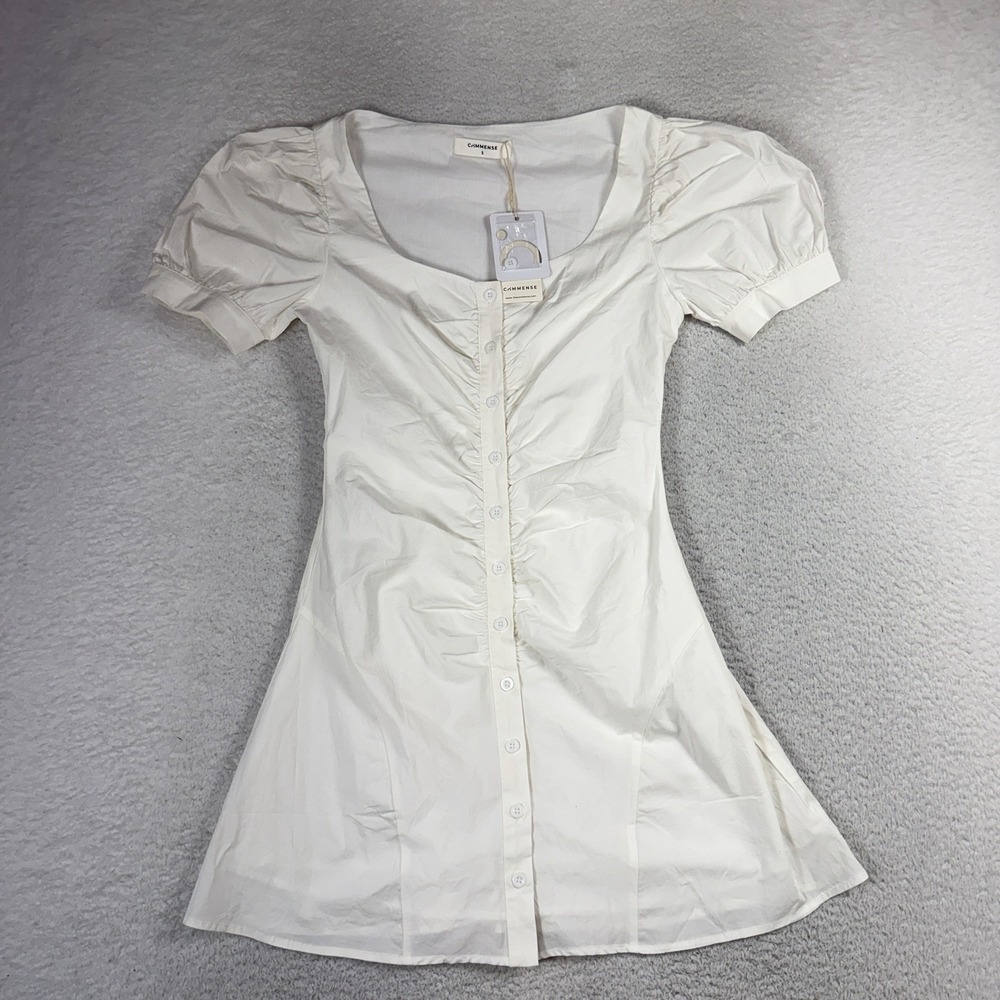 Commense White Square Neck Puff Sleeve Ruched Button Mini Dress Womens S NWT